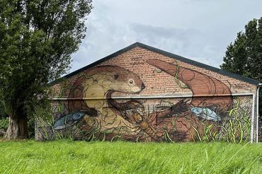 De nieuwe muurschildering in de Heindonkstraat, gemaakt door graffitikunstenaar Dzia.